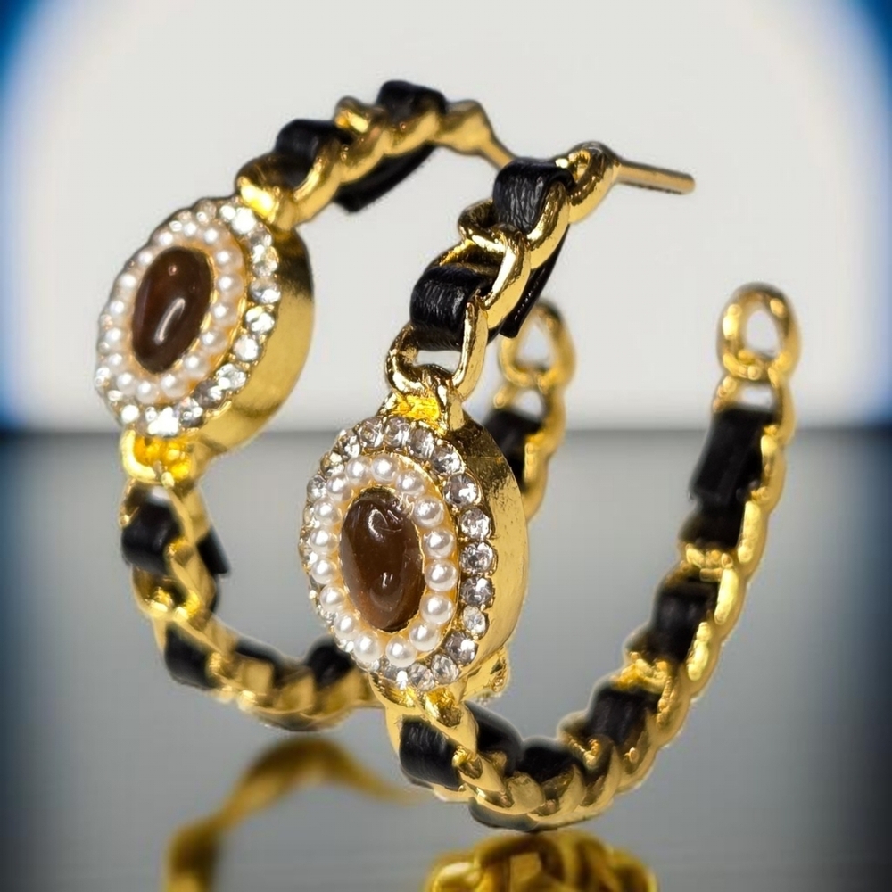 18k Gold Plated Tigers Woven Leather Hoop Earrings - Picture 2 of 5